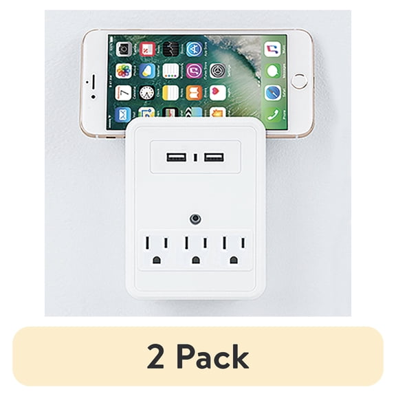 (2 pack) Merkury Innovations 3.1 Amp USB Wall Charger 3-Outlet Extender with 2 USB Charging Ports and Phone Stand, White