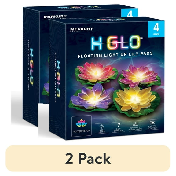 (2 pack) Merkury Innovations 4-Pack 7-Inch Floating LED Lily Pads for Ponds and Pools – Warm White Flickering Lights, Outdoor Water Decoration