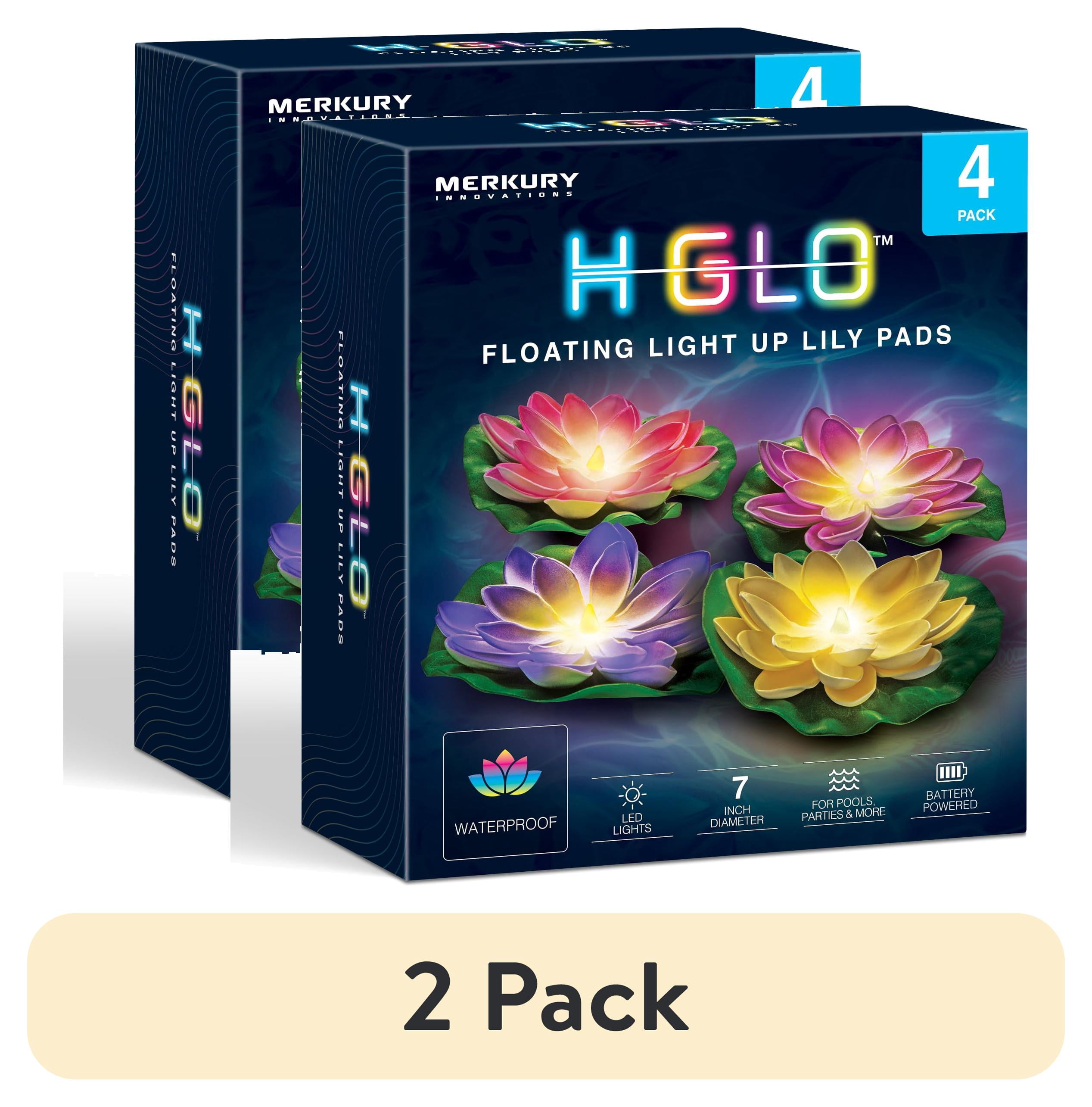 (2 pack) Merkury Innovations 4pk 7” Floating LED Lily pads for Ponds & Pools - Warm White Flickering Lights, Outdoor Decoration