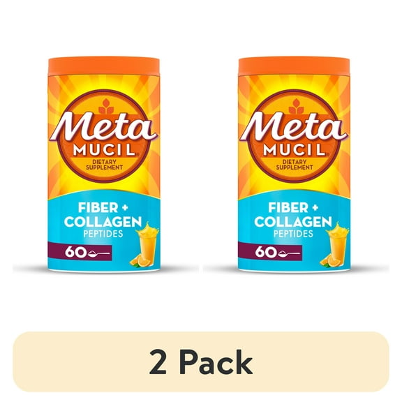 (2 pack) Metamucil Fiber Supplement with Collagen, Fiber Powder, Sugar Free Orange, 60 Servings