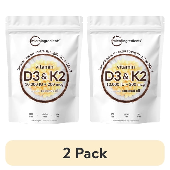 (2 pack) Micro Ingredients Vitamin D3 10000iu Plus K2 (MK-7) 200mcg, 300 Virgin Coconut Oil Softgels | 2 in 1 Support Immune, Heart, Joint, Teeth & Bone Health