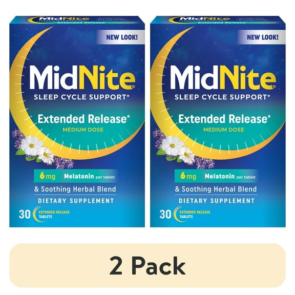 (2 pack) MidNite Extended Release Medium Dose, 6 mg Melatonin Sleep Aid, 30 Tablets
