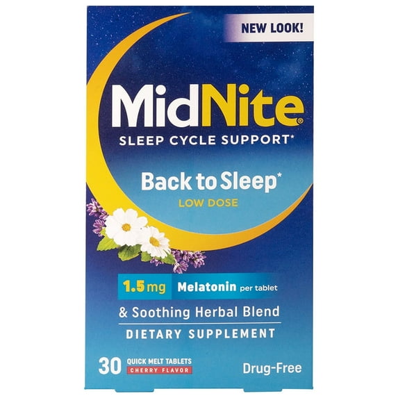 (2 pack) MidNite Melatonin Back To Sleep, Low Dose, 1.5 mg, Sleep Aid, 30 Ct