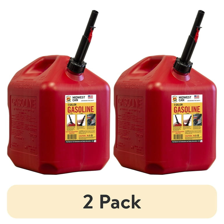 (2 pack) Midwest Can Company, 5610-4, 5 Gallon Gasoline Can with Flame Mitigation Device, Red