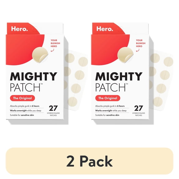 (2 pack) Hero Cosmetics Mighty Patch Original, Nighttime Hydrocolloid Acne Pimple Patch, 27ct
