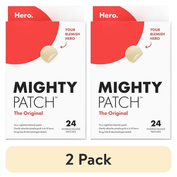 (2 pack) Hero Cosmetics Mighty Patch Original, Nighttime Hydrocolloid Acne Pimple Patch, 24 Count