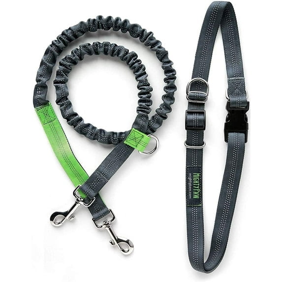 (2 pack) Mighty Paw Hands Free Dog Leash, Premium Running Dog Leash, Lightweight Reflective Bungee Dog Leash (Grey/Lime - 36 inch Bungee)