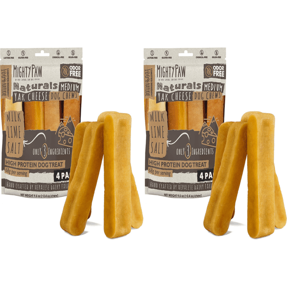 (2 pack) Mighty Paw Yak Cheese Himalayan Dog Chews, Natural Long Lasting Treats for Dogs (Medium, 4 Pack)