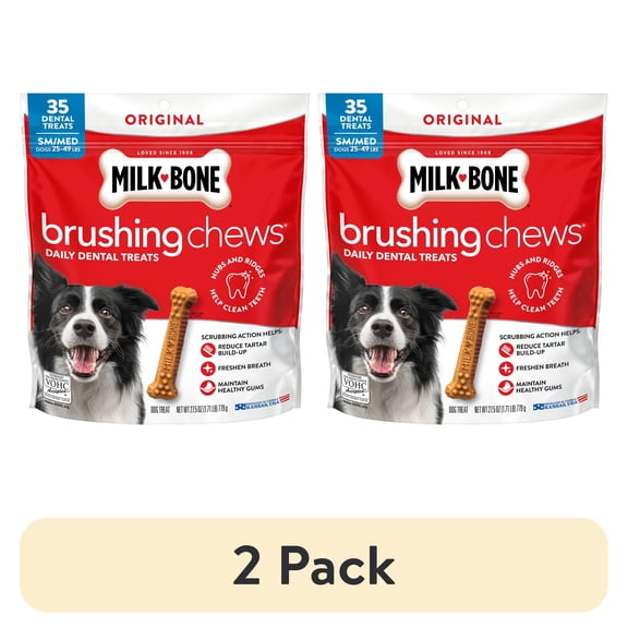 (2 pack) Milk Bone Brushing Chews Original Chicken Flavor Daily Dental Dog Treats, Small/Medium, 27.5 oz Bag