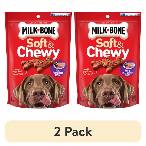 (2 pack) Milk Bone Soft & Chewy Dog Treats, Made with Real Beef & Filet Mignon, 5.6 Ounce Pouch