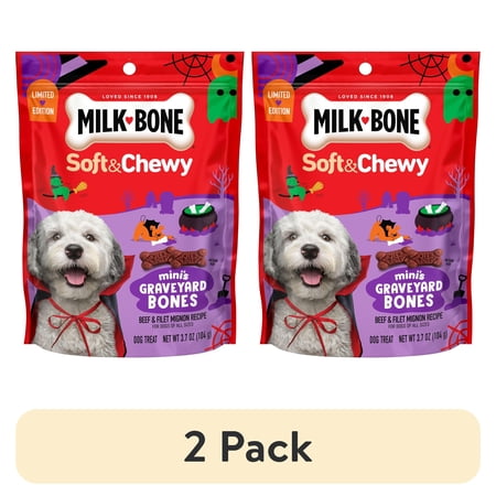 (2 pack) Milk Bone Soft & Chewy Mini’s Graveyard Bones, Halloween Dog Treats, Beef & Filet Mignon Recipe, 3.7 oz Bag