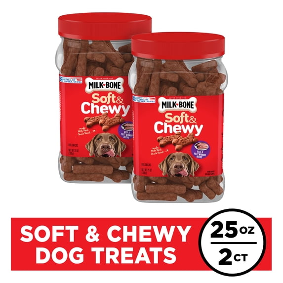 (2 pack) Milk Bone Soft and Chewy Dog Treats, Beef & Filet Mignon Recipe With Chuck Roast, 25oz Container