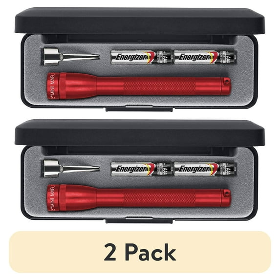 (2 pack) Mini Maglite 2-Cell AAA Incandescent Flashlight with Clip and Presentation Box, 9 Lumens, Red