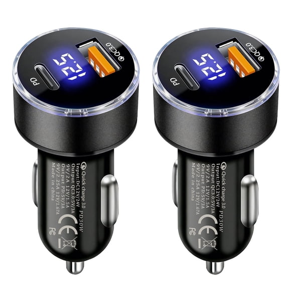2 pack Mini USB C Car Charger Cigarette Lighter Adapter 66W Car Charger USB C Fast Charger Car Phone Charger Voltmeter LED Light 12V USB Outlet Car Accessories for iPhone 17 16 Pro Max Air 15 Galaxy