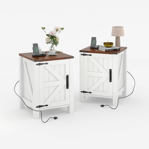 2-pack Modern Farmhouse Bedside Table Set with USB Charging Station – Sliding Barn Door – Adjustable 18'' Shelf – 2-Tier Wood bedside tables for Bedroom or Living Room