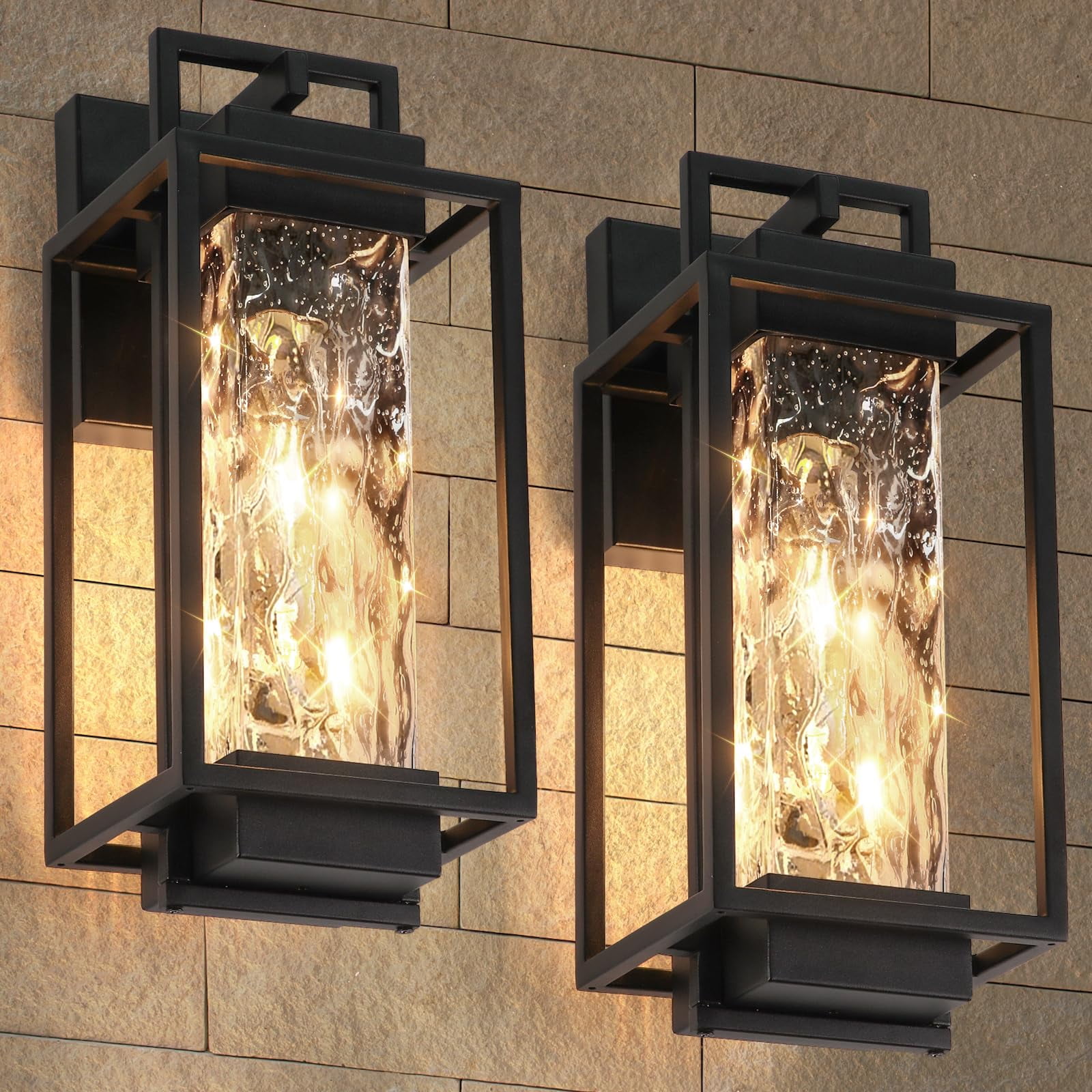 2-pack Modern Outdoor Wall Lights With 2 Led Bulbs  15'' Exterior Lighting Fixtures Mount Water Ripple Glass Black Porch Sconces Outside For House Garage