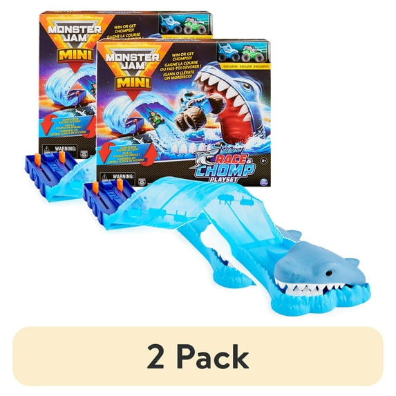 (2 pack) Monster Jam Mini Megalodon Race and Chomp Vehicle Playset