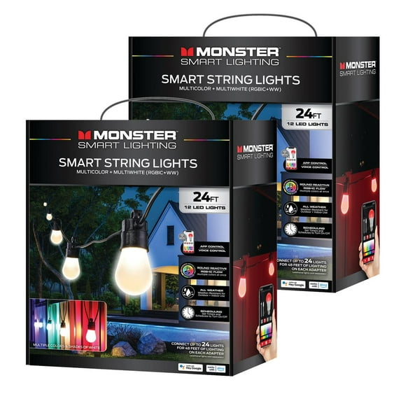 (2 pack) Monster Smart 24ft String Lights, Multicolor LED Lights for Outdoor Patio & Backyard, App & Voice Control
