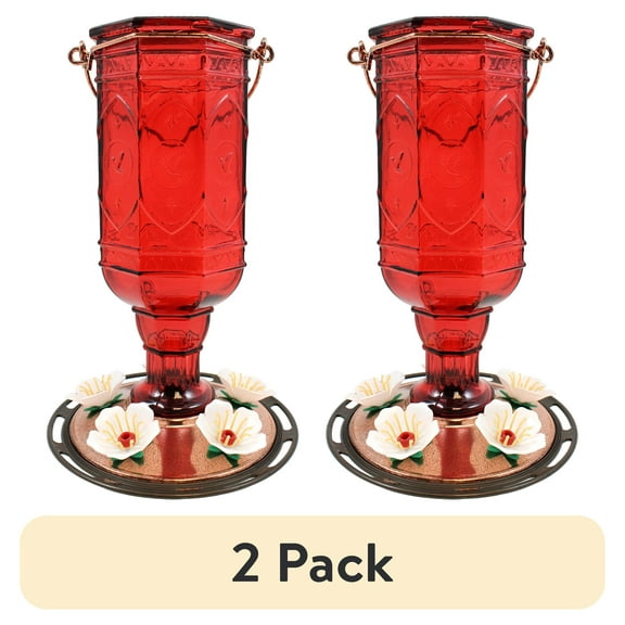 (2 pack) More Birds Red Jewel Glass Bottle Hummingbird Feeder, 20 oz Nectar Capacity