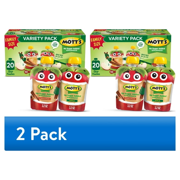 (2 pack) Mott's No Sugar Added Applesauce Variety Pack, 3.2 oz, 20 Count Clear Pouches