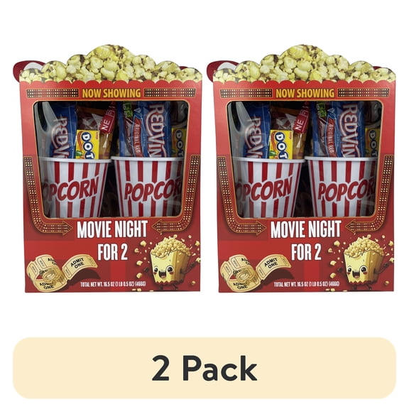 (2 pack) Movie Night for Two Microwave Popcorn and Candy Assortment Gift with Reusable Popcorn Containers
