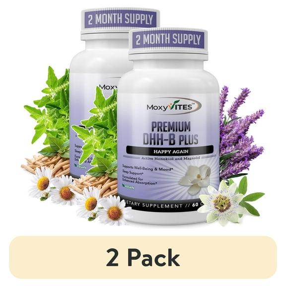 (2 pack) MoxyVites DHH-B Supplement 7.5 mg + Magnolia Bark Extract 200 mg + BioPerine® + Organic Ashwagandha Root Extract - Stress Relief, Mood Enhancer - 60 Caps