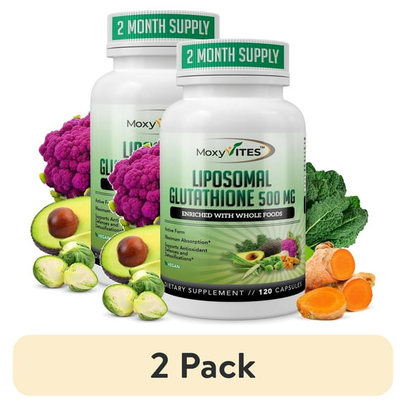 (2 pack) MoxyVites Liposomal Glutathione 500 mg Active L-Glutathione + Whole Food Antioxidant Blend - High Absorption, Detoxification, Immune Support, 120 Caps