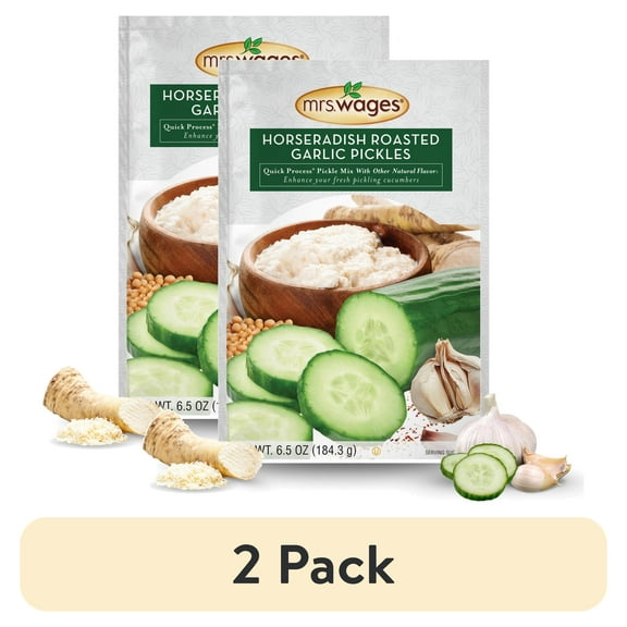 (2 pack) Mrs. Wages Horseradish Roasted Garlic Pickles Quick Process Mix | Simple-to-Use | Flavorful Spice | Easy Way to Make Pickles | 6.5 oz Packet