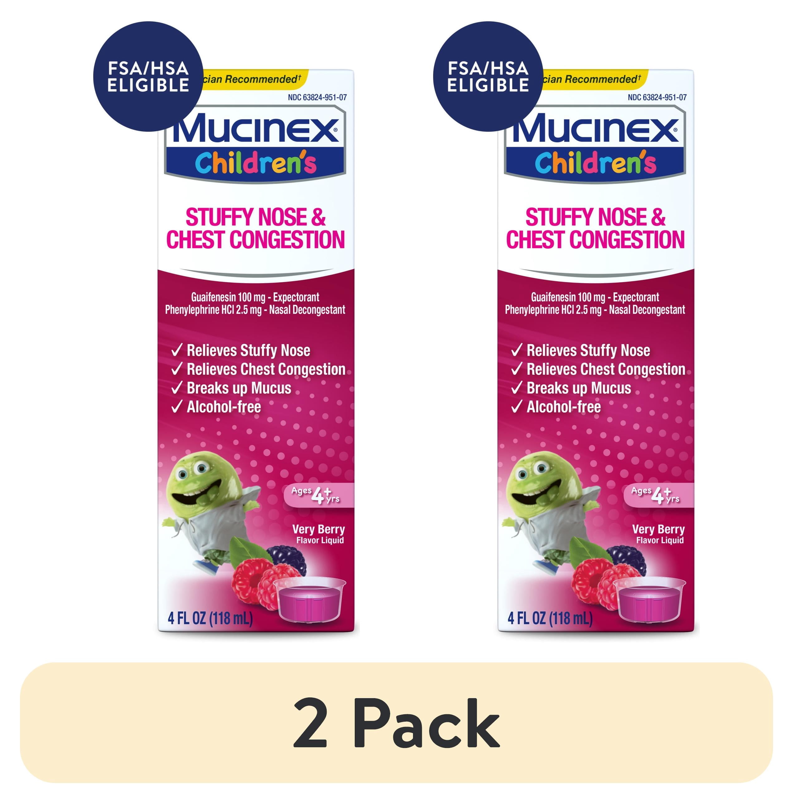 (2 pack) Mucinex Children's Stuffy Nose & Chest Congestion Relief, Kids Medicine, Very Berry Flavor, 4 fl oz
