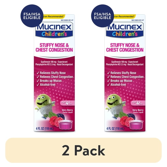 (2 pack) Mucinex Children's Stuffy Nose & Chest Congestion Relief, Kids Medicine, Very Berry Flavor, 4 fl oz