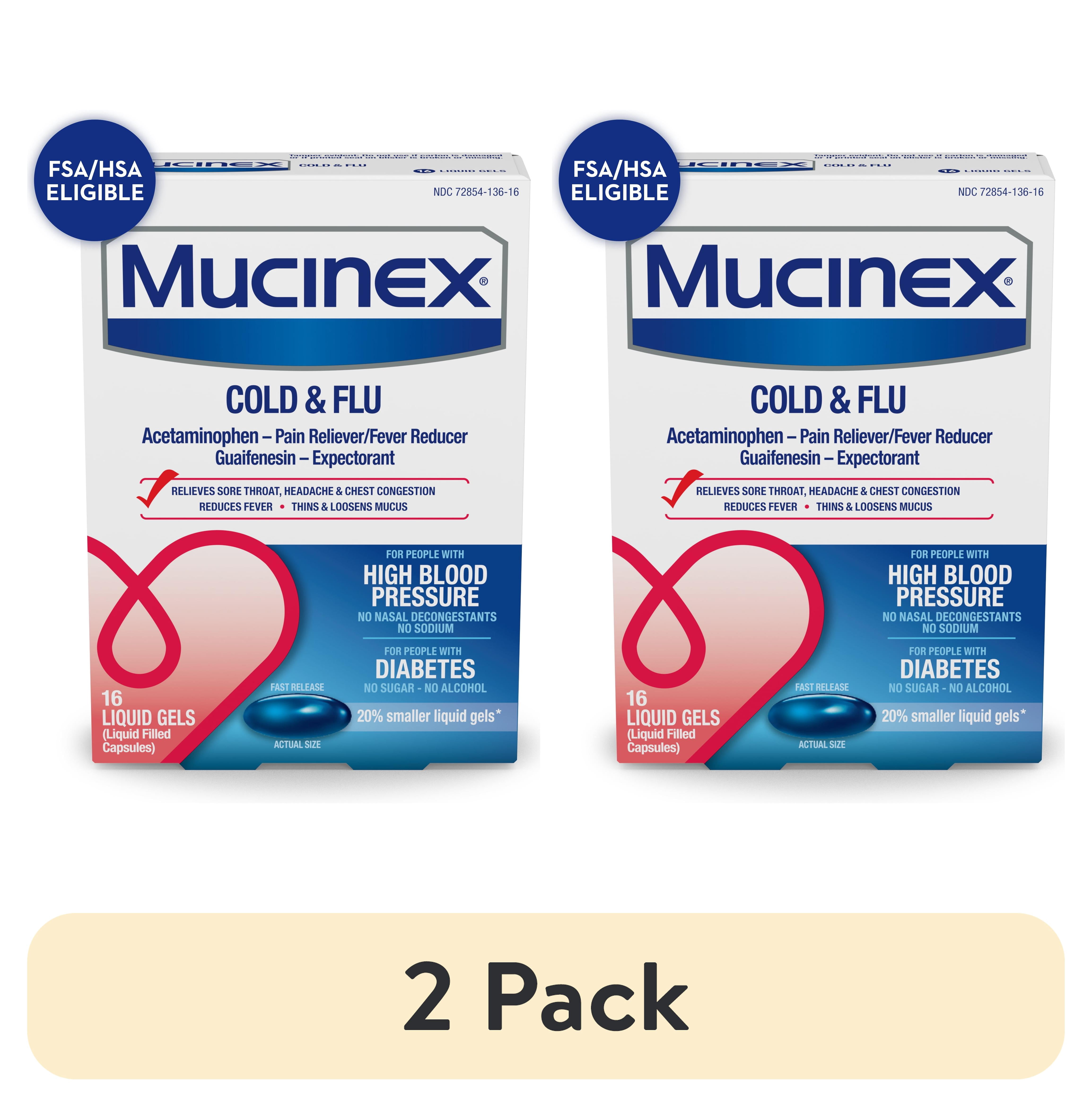 (2 pack) Mucinex Cold & Flu Fast Release Liquid Gels for people with High Blood Pressure & Diabetes, 16ct.