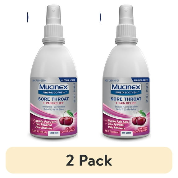 (2 pack) Mucinex® InstaSoothe Sore Throat + Pain Relief Sore Throat Spray. Powerful sore throat relief with soothing cherry flavor.