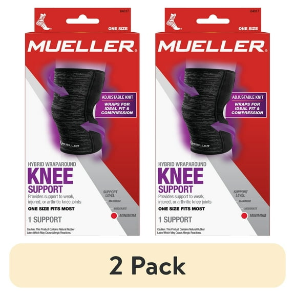 (2 pack) Mueller Hybrid W-Latex Knee & Leg Brace, Lightweight, Breathable, One Size