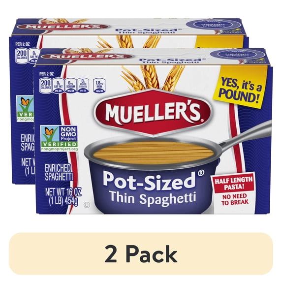 (2 pack) Mueller's Pot-Sized Sodium-Free, Cholesterol-Free Thin Spaghetti Pasta, 16 oz (Shelf-Stable)