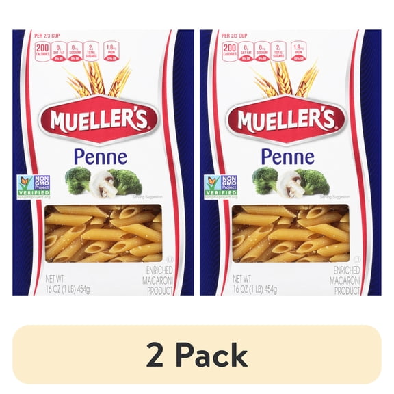 (2 pack) Mueller's Sodium-Free, Cholesterol-Free Penne Rigate Pasta, 16 oz (Shelf-Stable)