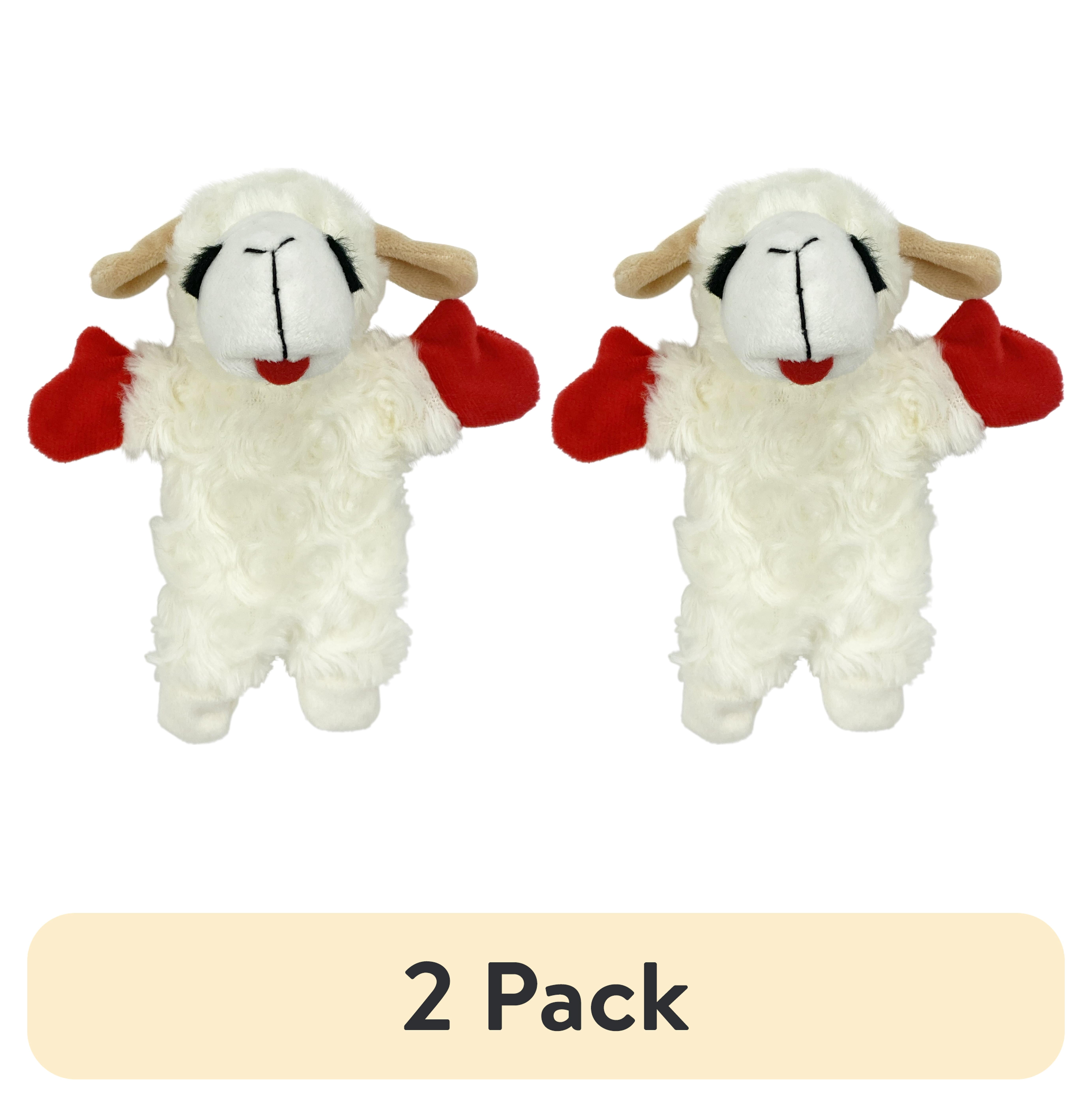 (2 pack) Multipet Lamb Chop Plush Crinkle Flop Dog Toy, White with Red Paws