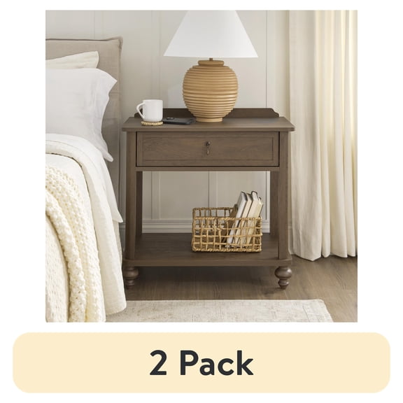 (2 pack) My Texas House Hartwell 1 Drawer Nightstand with USB, Heritage Oak