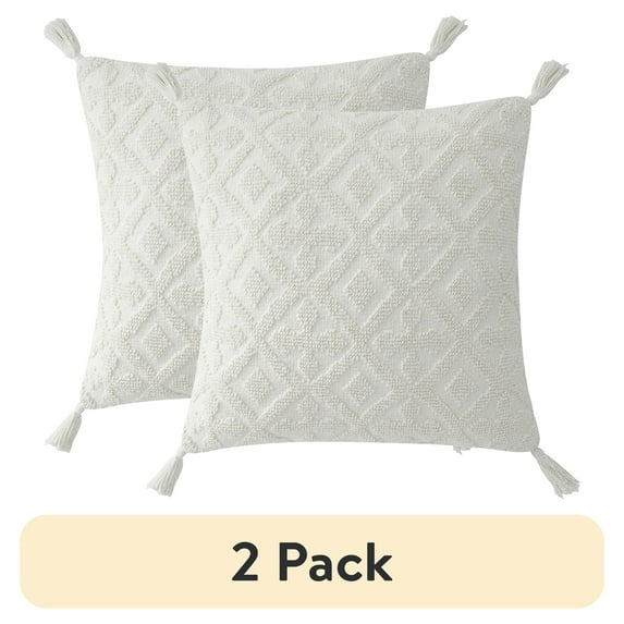 (2 pack) My Texas House Sutton Cotton Tufted Throw Pillow, 20"x20", Coconut Milk