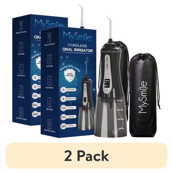 (2 pack) MySmile LP201 OLED Display Portable Water Flosser Cordless for Teeth Braces, Electric Power Water Dental Flosser 350ml Large Oral Irrigator, IPX7 Waterproof, 5 Modes, 8 Tips, 1 Travel Bag, White