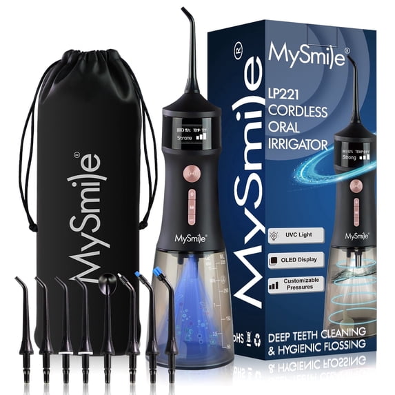 (2 pack) MySmile LP221 OLED Cordless Water Flosser with UVC Sterilizer Light, Portable Oral Irrigator Electric Dental Flosser Picks for Teeth Cleaning, Braces, Gums, 5 Modes, 8 Jet Tips, Travel Bag, Black