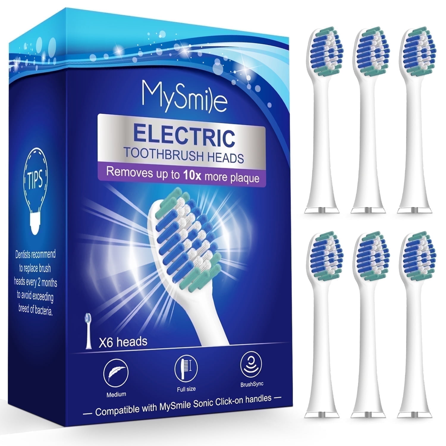 (2 pack) MySmile Sonic Rechargeable Electric Toothbrush Heads, 6 Count Replacement Toothbrush Heads, White, Individual Packaging