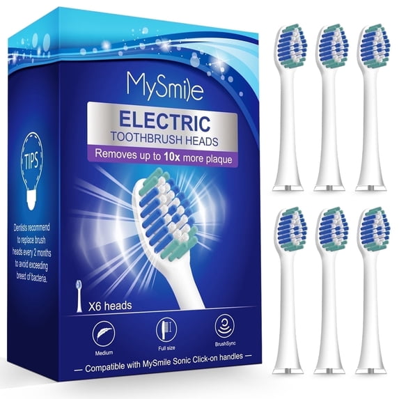 (2 pack) MySmile Sonic Rechargeable Electric Toothbrush Heads, 6 Count Replacement Toothbrush Heads, White, Individual Packaging