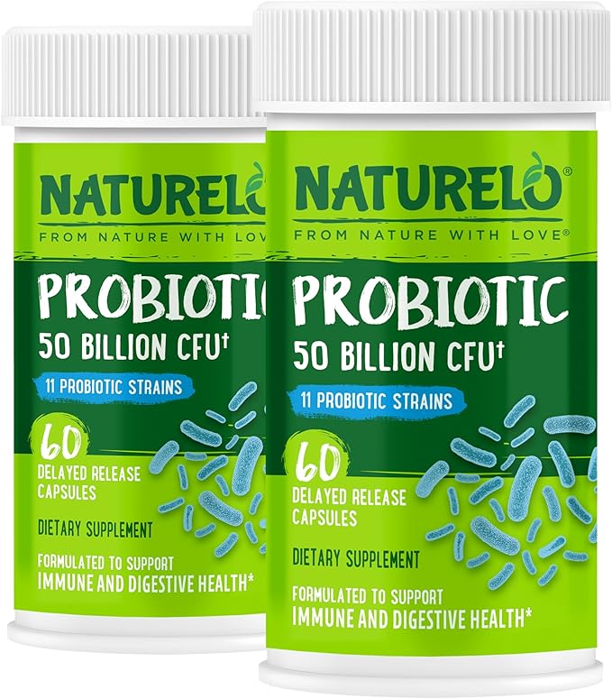 (2 pack) NATURELO Probiotic Supplement - 50 Billion CFU - 11 Strains - One Daily - Helps Support Digestive & Immune Health - Delayed Release - No Refrigeration Needed - 60 Vegan Capsules