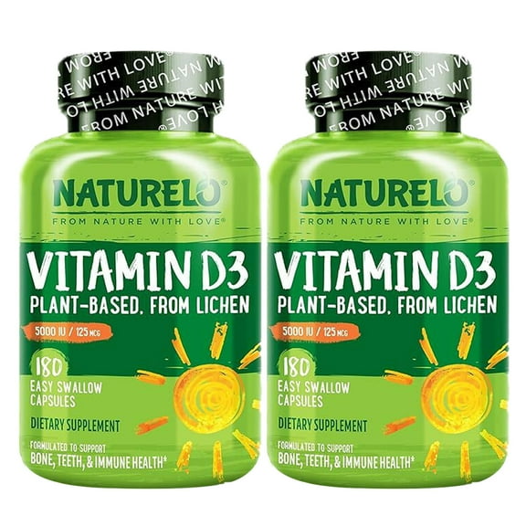 (2 pack) NATURELO Vitamin D - 5000 IU - Plant Based from Lichen - Natural D3 Supplement for Immune System, Bone Support, Joint Health - High Potency - Vegan - Non-GMO - Gluten Free - 180 Capsules
