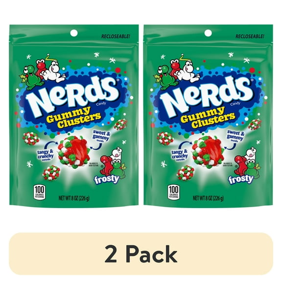 (2 pack) NERDS Frosty Gummy Clusters, Resealable Stand Up Bag, Christmas Candy, Red and Green Candies, 8oz