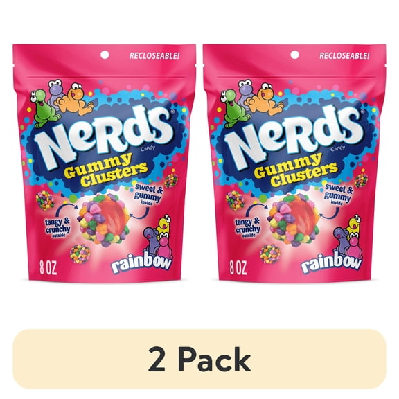 (2 pack) NERDS Gummy Clusters, Candy, Rainbow, Crunchy and Gummy, 8 oz