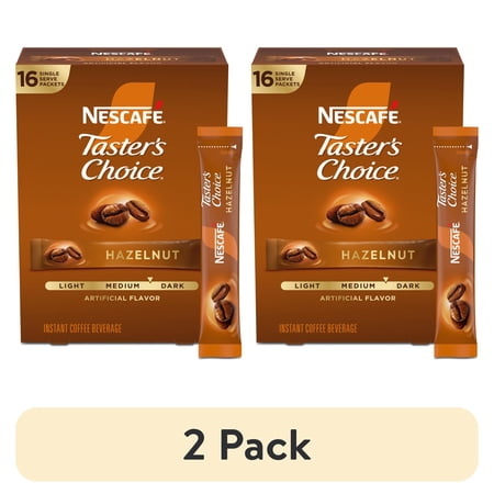 (2 pack) NESCAFÉ Taster's Choice, Hazelnut Flavored Coffee, Instant Coffee Packets, 1 Box, 16 Packs