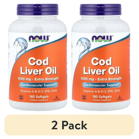 (2 pack) NOW Supplements, Cod Liver Oil, Extra Strength 1,000 mg with Vitamins A & D-3, EPA, DHA, 180 Softgels