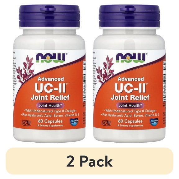 (2 pack) NOW Foods Supplements, UC-II Advanced Joint Relief with Undenatured Type II Collagen, plus Hyaluronic Acid, Boron, Vitamin D-3, 60 Veg Capsules