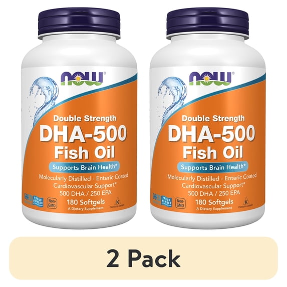 (2 pack) NOW Supplements, DHA-500 with 250 EPA, Molecularly Distilled, Supports Brain Health*, 180 Softgels